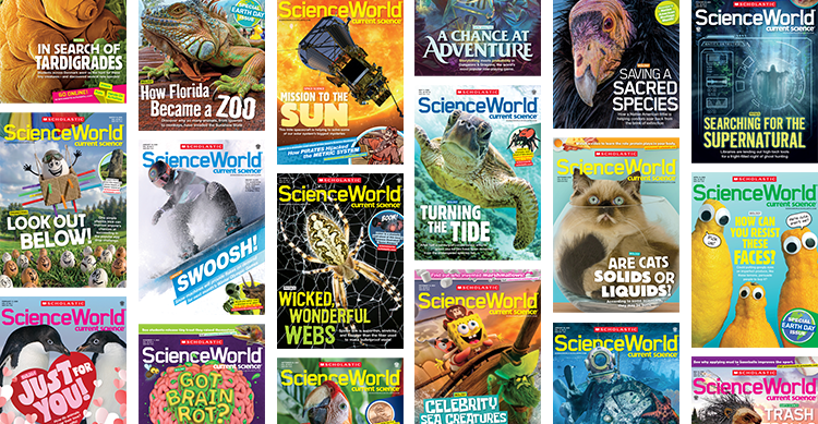 Collage of Science World magazine covers featuring science topics for students