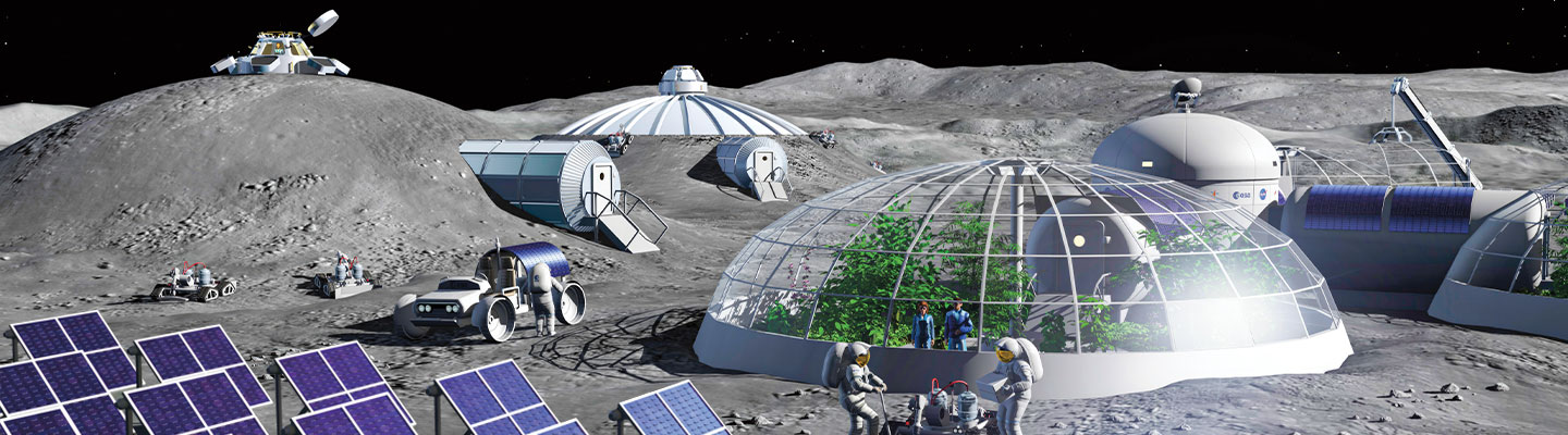 Digital illustration of a proposed lunar base camp