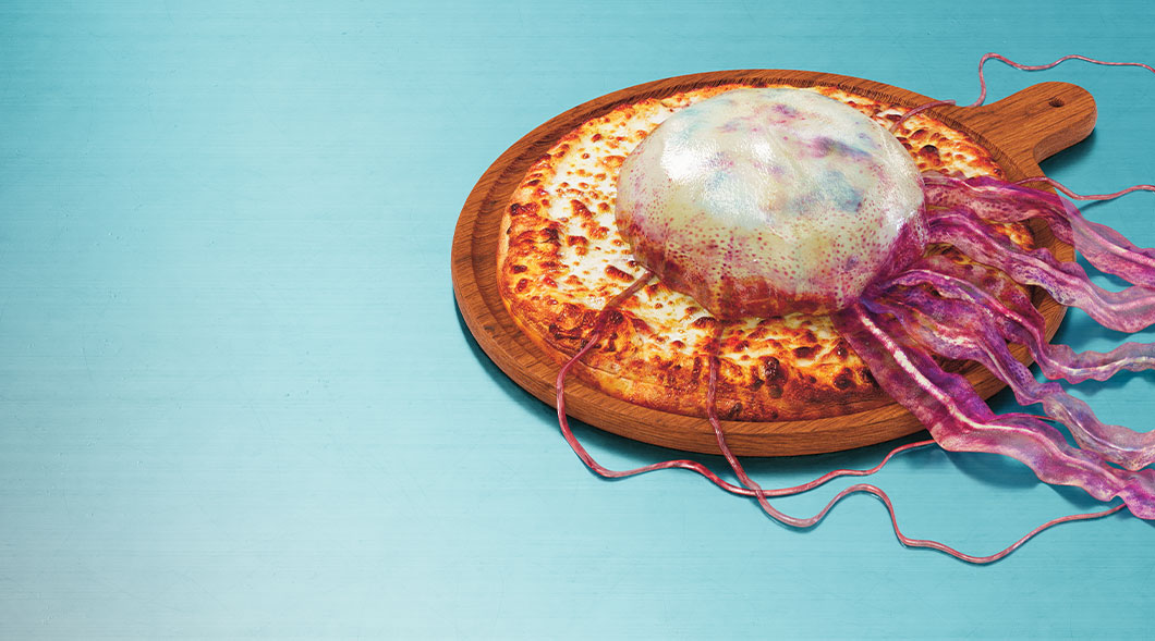 Digital illustration of a jellyfish on a pizza