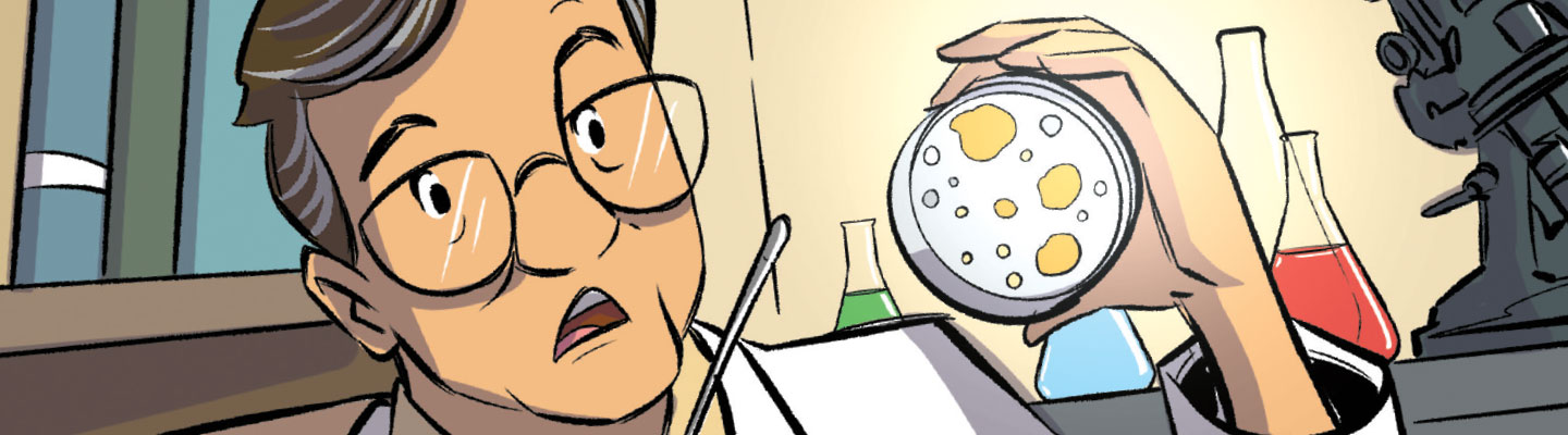 Illustration of a stunned scientist holding a petri dish