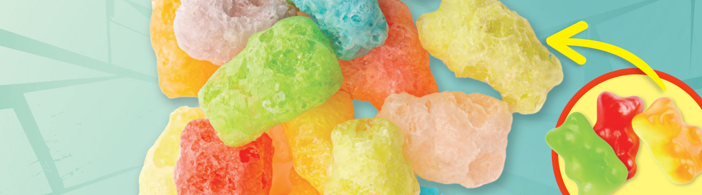A pile of sugar-coated gummy bears next to a close-up of three small gummy bears
