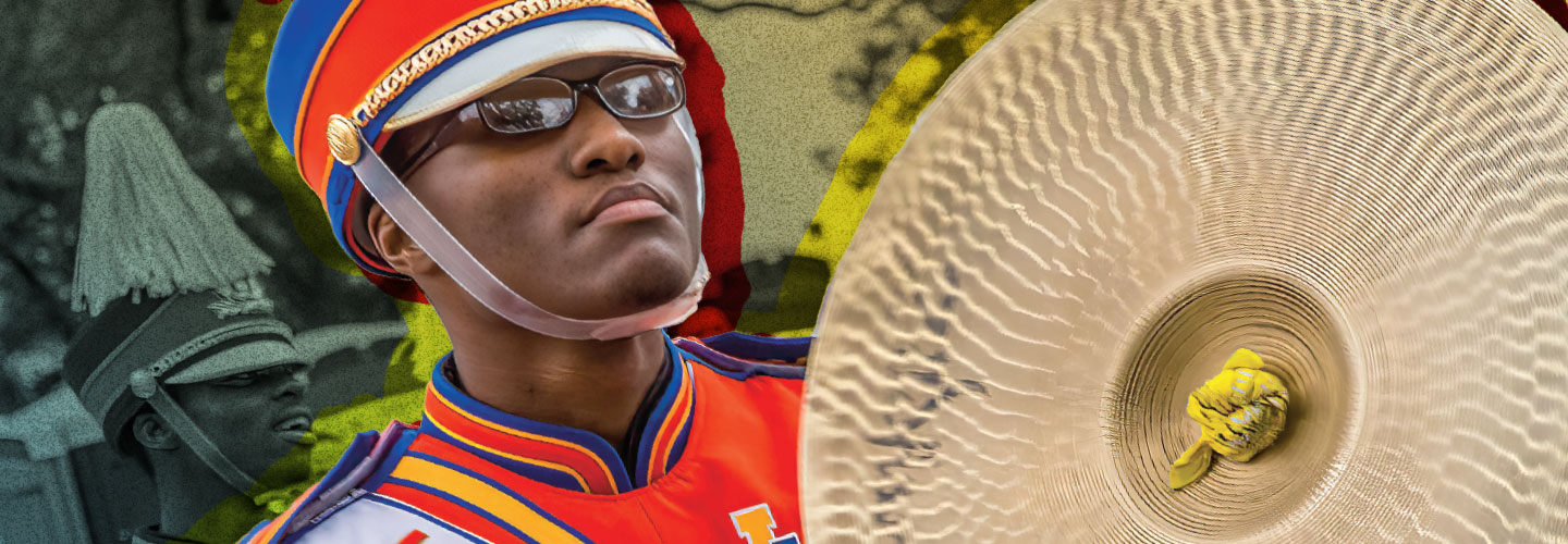 Image of marching band player clanging cymbals together