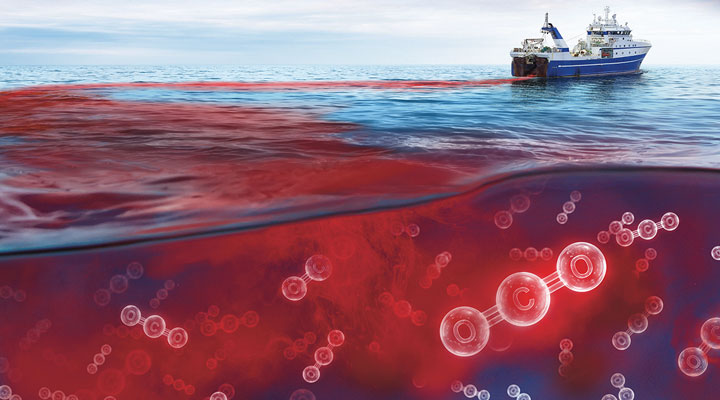 A ship releases CO2 molecules into the ocean in a split above and below water view