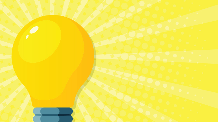 A bright yellow light bulb radiates rays of light outward across a yellow background